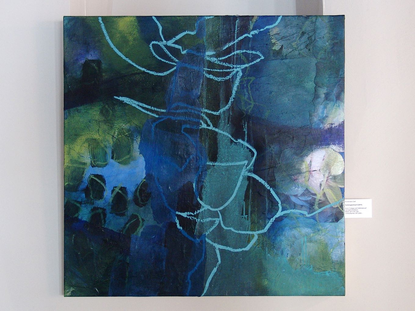 Annemarie Graf: Hydrangea Blue II, 2011, Acryl, Collage und Ölkreide auf Leinwand, 80 x 80cm