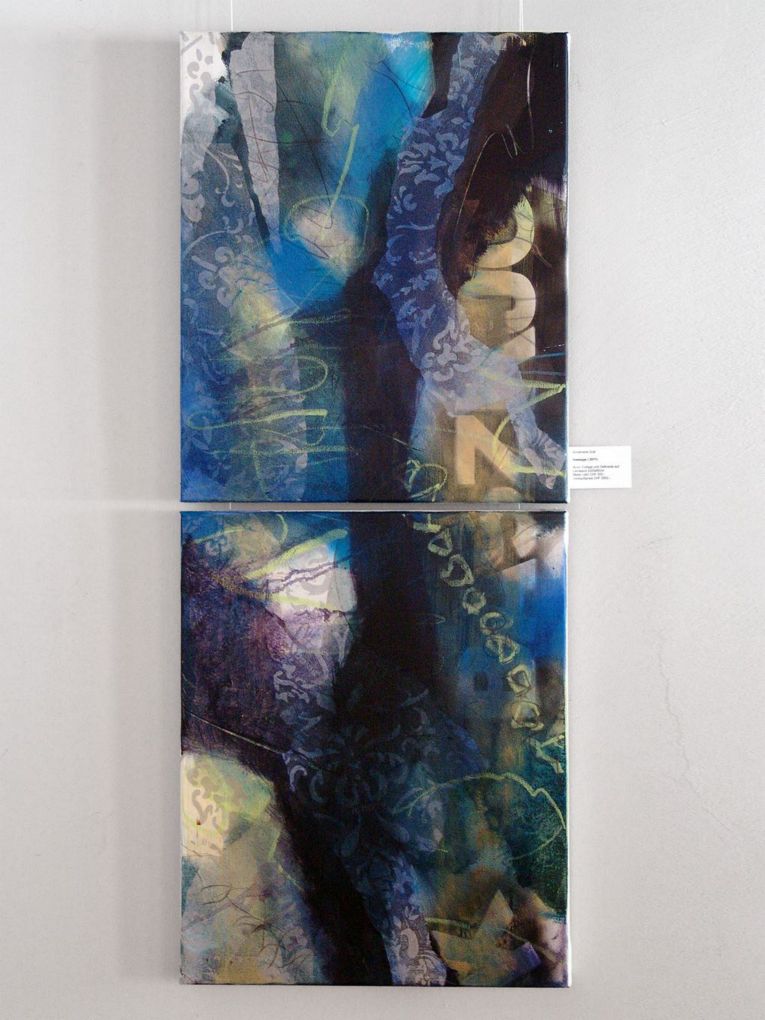 Annemarie Graf: Message, 2011, Acryl, Collage, Öl auf Leinwand, 2 x 50 x 60cm