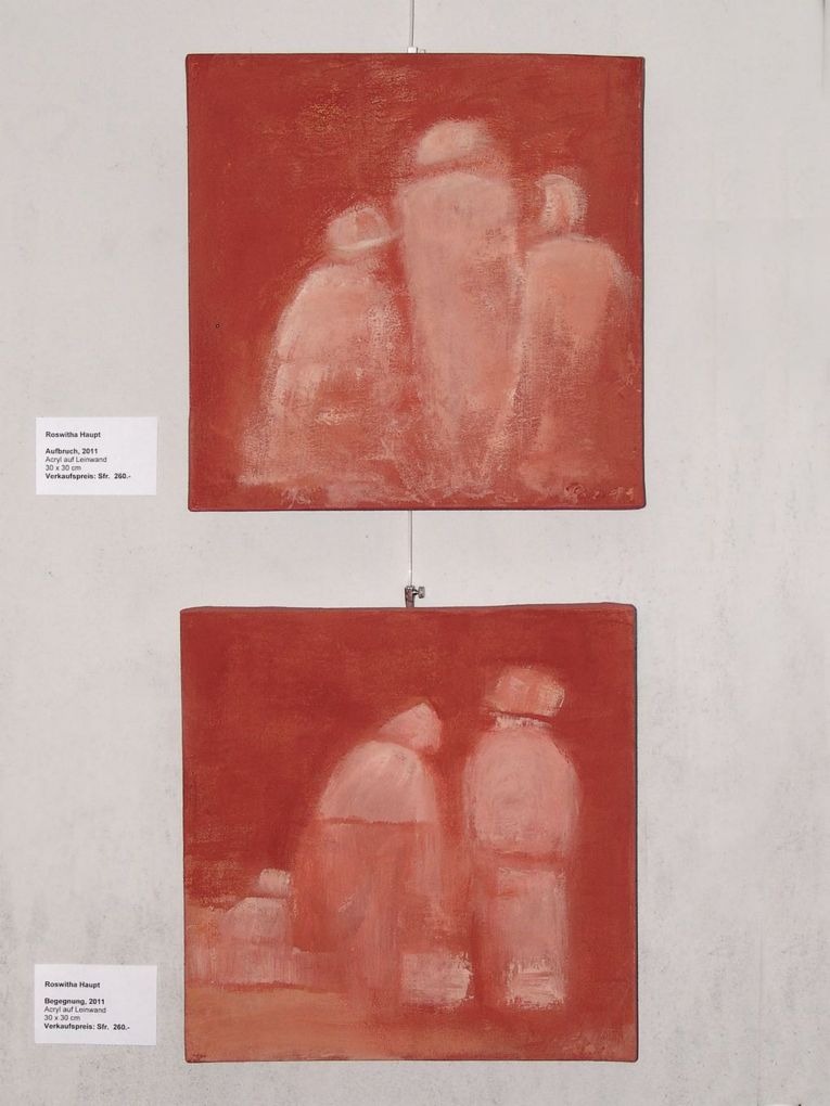 Roswitha Haupt: (oben) Aufbruch, 2011, (unten) Begegnung, 2011. Beide: Acryl auf Leinwand, 30 x 30cm